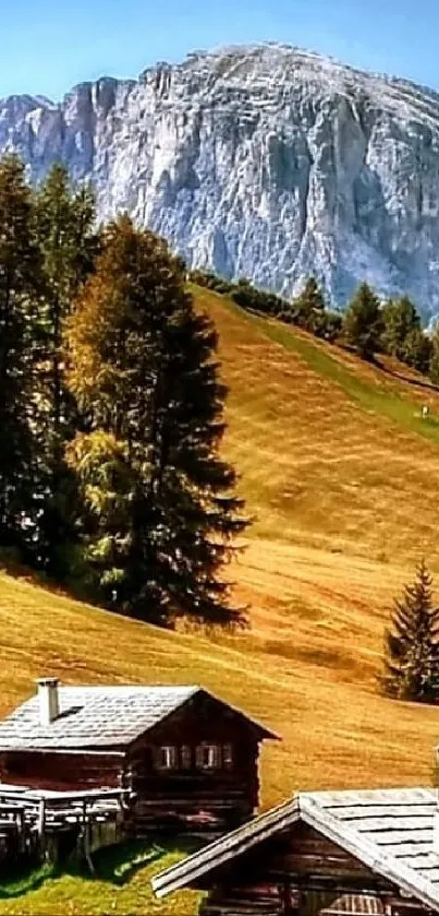 Scenic mountain view with rustic cabins and autumn landscape.