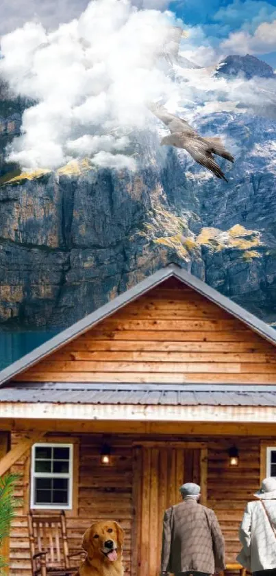 Rustic cabin with mountain and eagle in the background.