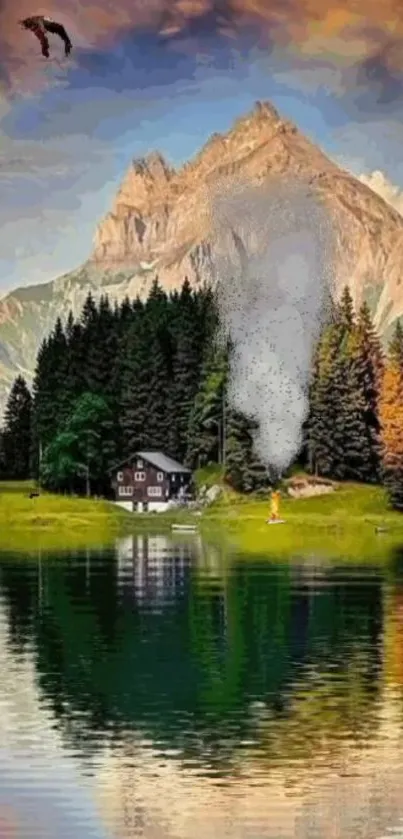 Mountain cabin by lake with reflection and colorful sky.