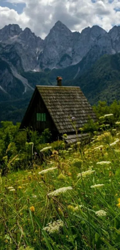 Scenic mountain cabin with lush greenery and alpine peaks.