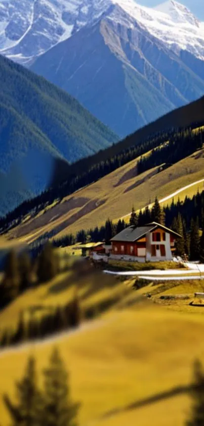 Scenic view of a cabin amidst lush green hills and snowy mountains.