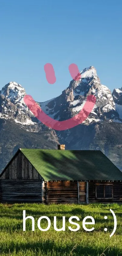 Mountain cabin with smiley face and blue sky.