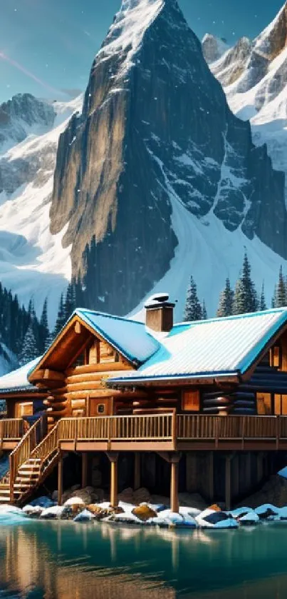 Scenic mountain cabin by icy lake in winter landscape.