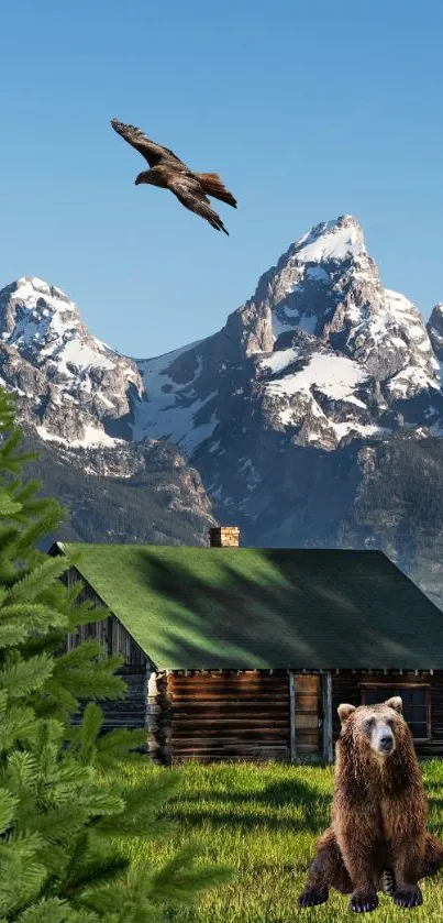 Mountain cabin with eagle and bear in nature.