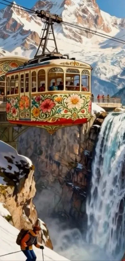 Cable car over waterfall with snowy mountains.