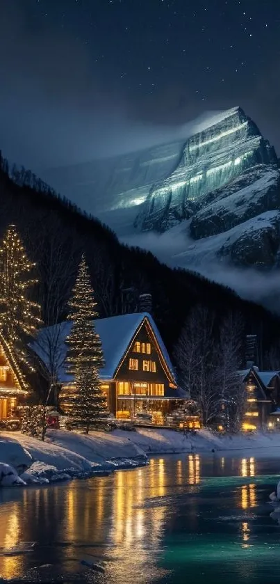 Chalets by a snowy river beneath a starlit mountain at night.