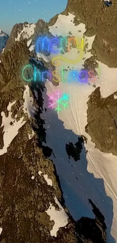 Mountain landscape with 'Merry Christmas' neon text overlay.