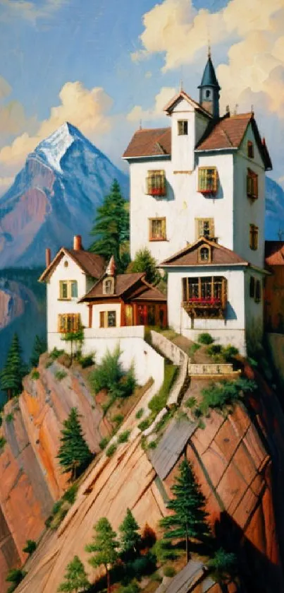 House on a mountain cliff with scenic peaks and blue sky.