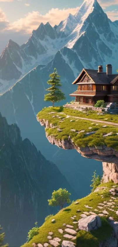 Scenic mountain view with cabin on cliff edge under a sunny sky.