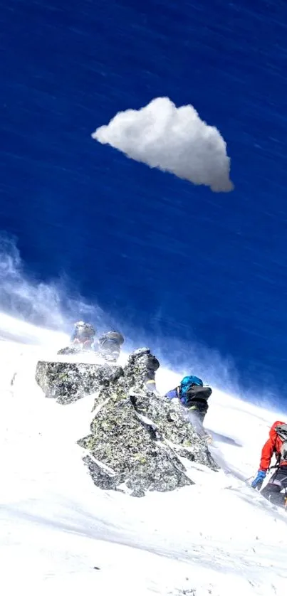 Climbers ascending snow-covered mountain under blue sky.