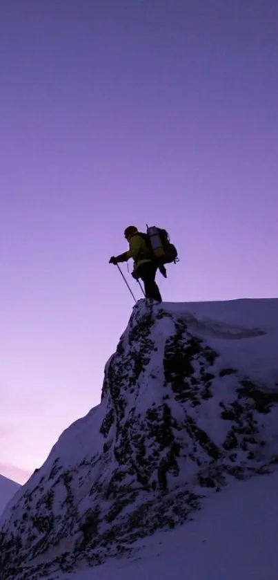 Silhouette of climber on snowy mountain at purple sunset.