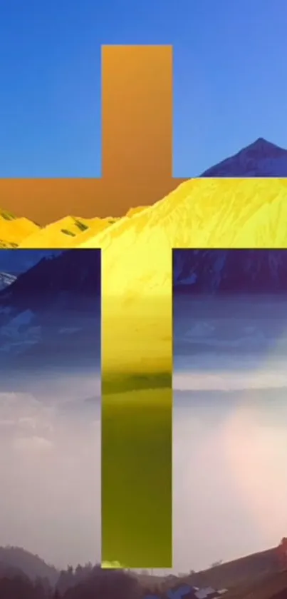 Golden cross with mountain landscape wallpaper.