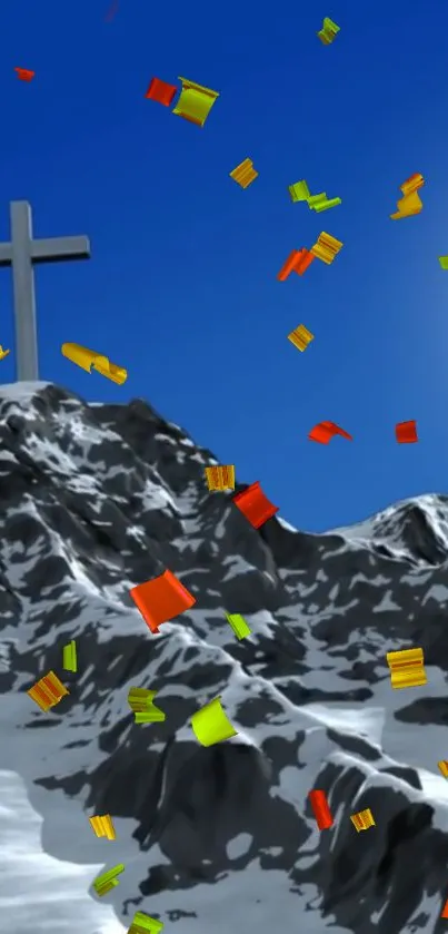 Mountain cross under a blue sky with colorful confetti.