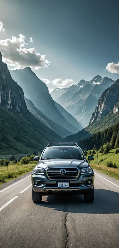 Car driving through green mountain valleys under clear skies.