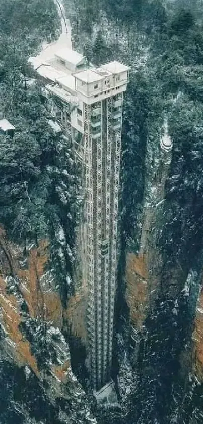 A scenic elevator nestled between lush green cliffs in a breathtaking natural landscape.