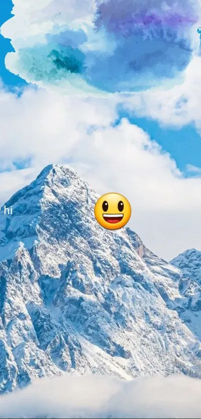 Mountain peak with emoji and watercolor clouds.