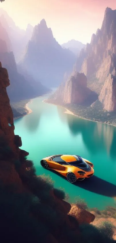 Orange car on cliff overlooking turquoise lake with mountains.