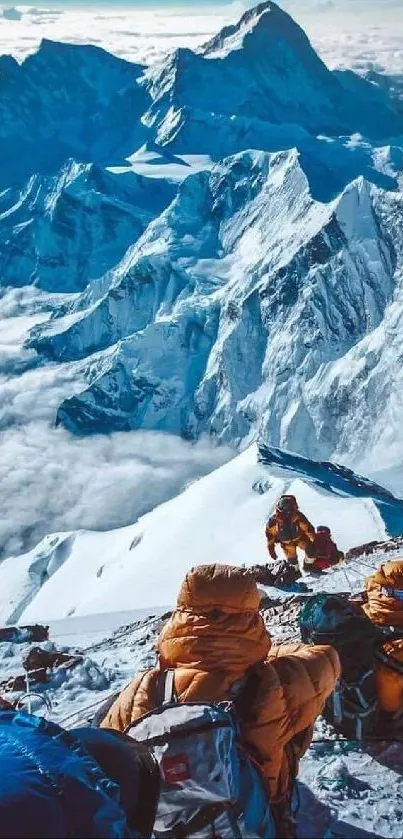 Mountain climbers on snowy peaks with breathtaking views.