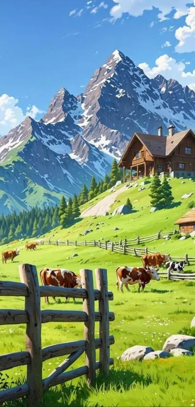 Alpine mountain farm with cabin and cows in a green pasture under a clear blue sky.