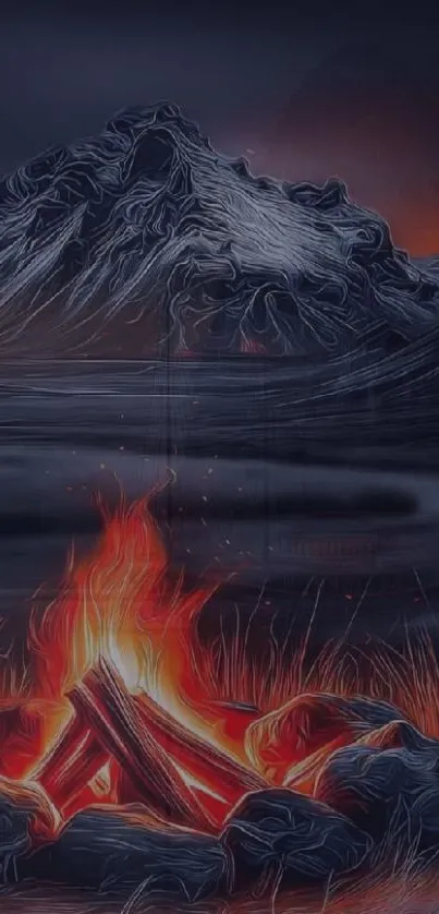 Mountain scene with campfire and dark sky.