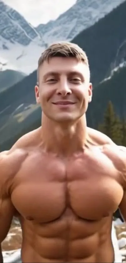 Muscular man poses against scenic mountain backdrop.
