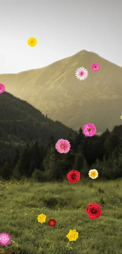 Mountain landscape with colorful floating flowers in a serene green meadow.