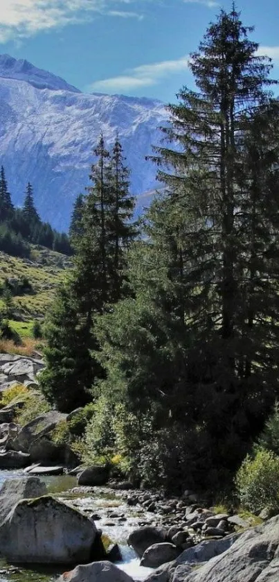 Majestic mountain forest and stream mobile wallpaper.