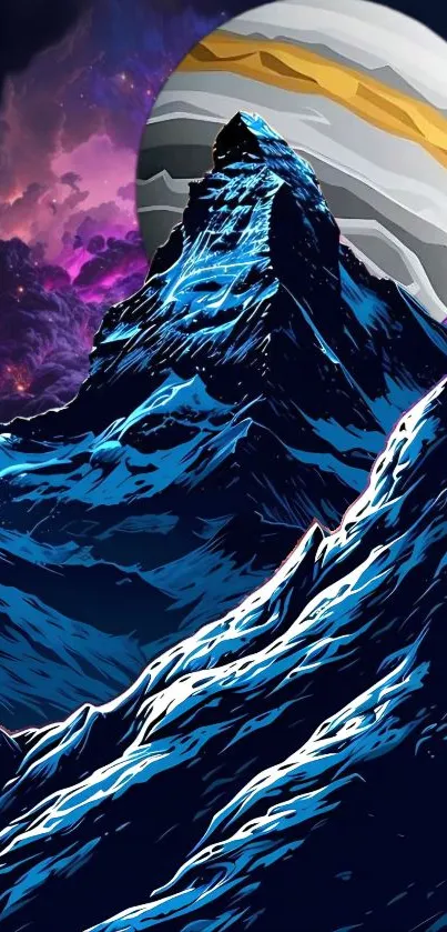 Mountain with galaxy backdrop and planet, mobile wallpaper.