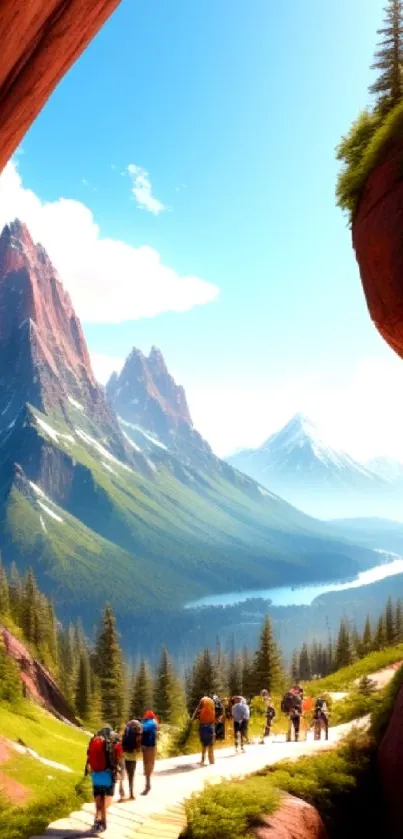 Hikers exploring a stunning mountain landscape with bright skies.