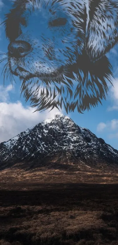 Artistic dog face with mountain and blue sky background.