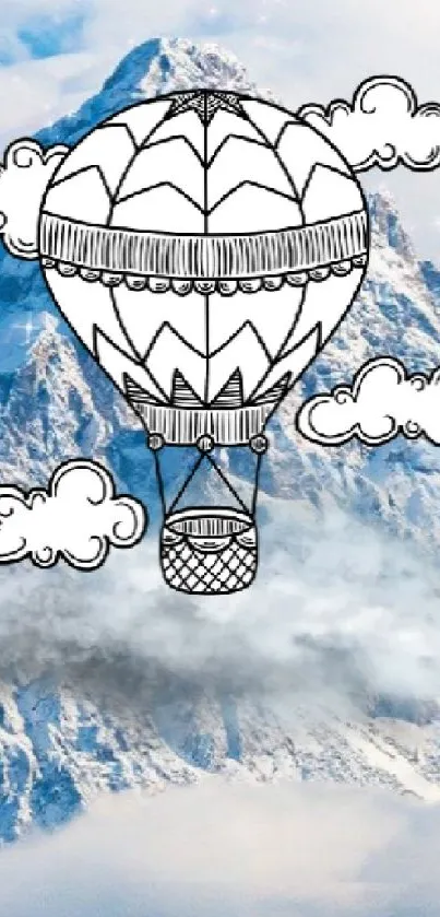 Illustrated hot air balloon over mountain with clouds