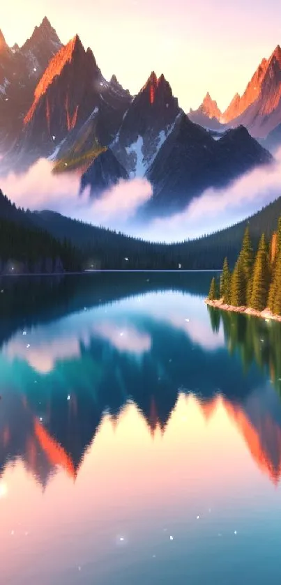 Sunrise over mountains reflecting in a tranquil lake with serene colors.