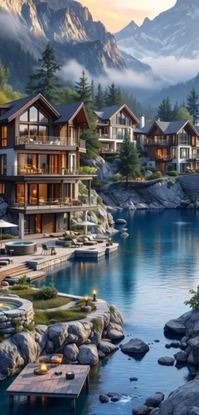 Rustic chalets by a serene mountain lake with a picturesque forest backdrop.