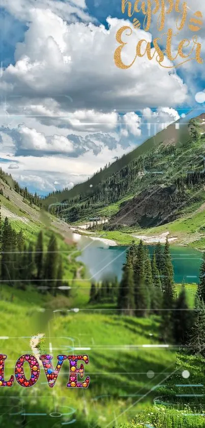 Mountain lake with Easter greeting and lush green landscape.