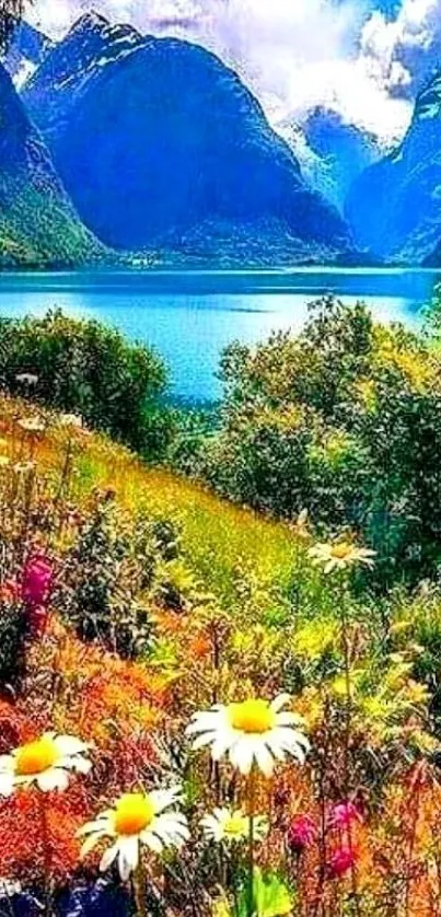 Lush mountain lake scene with vibrant wildflowers.