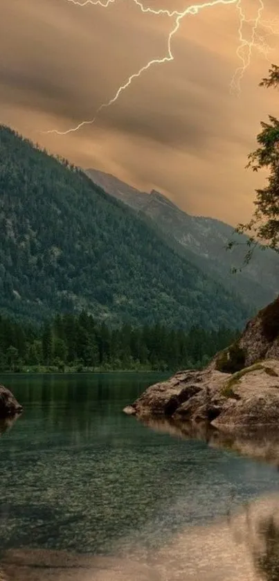 Mountain lake with lightning in dramatic sky.