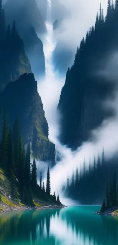 Misty mountain lake surrounded by lush trees and waterfalls.