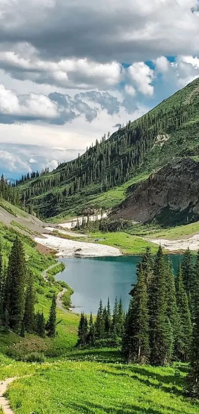 Beautiful mountain lake with lush greenery and blue sky.