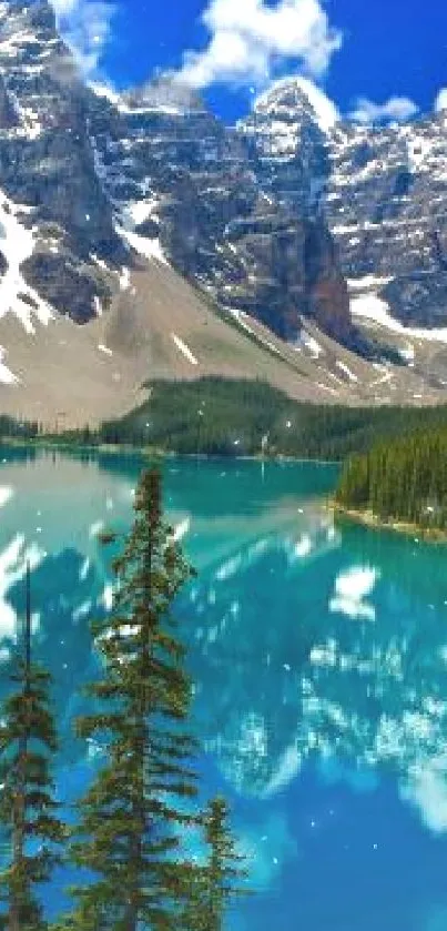 A serene mountain lake with snowcapped peaks and blue sky.
