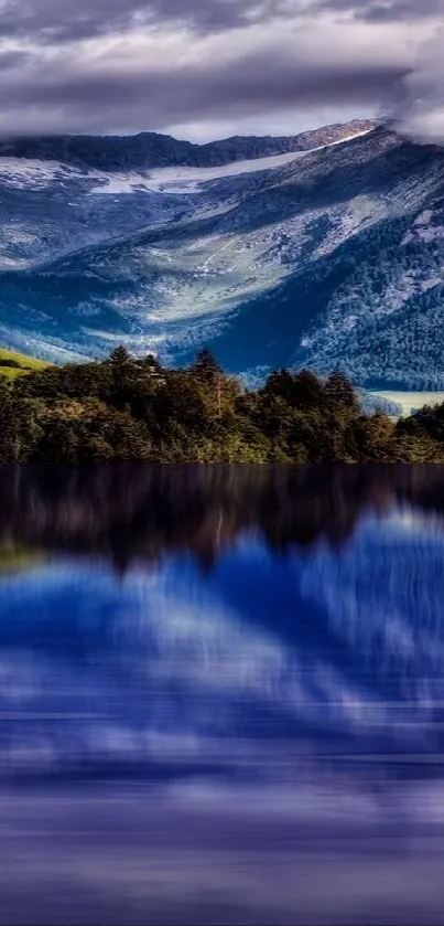 Serene mountain lake with stunning reflections and cloudy sky.