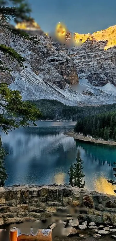 Peaceful mountain lake with snow-capped peaks and a serene, reflective view.