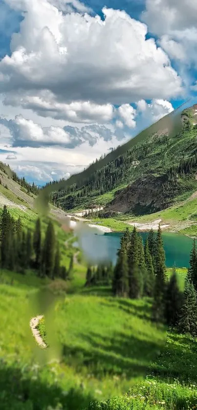 Scenic mountain lake and lush green landscape with a vibrant blue sky.