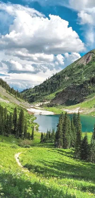 Scenic mountain lake with lush greenery and blue sky.