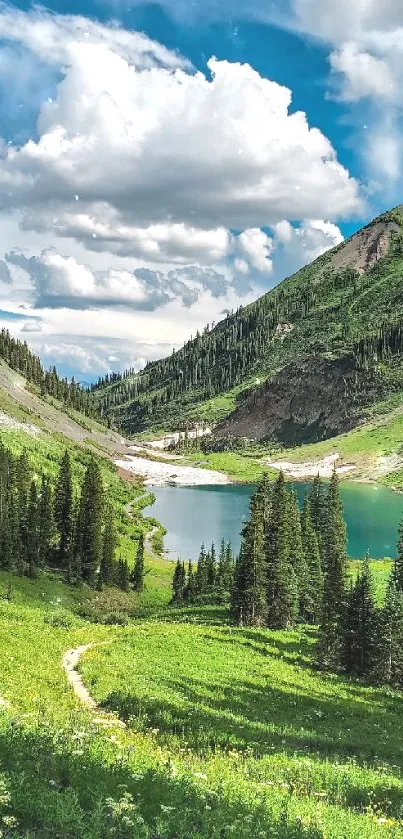 Scenic mountain lake with lush greenery under a clear blue sky.