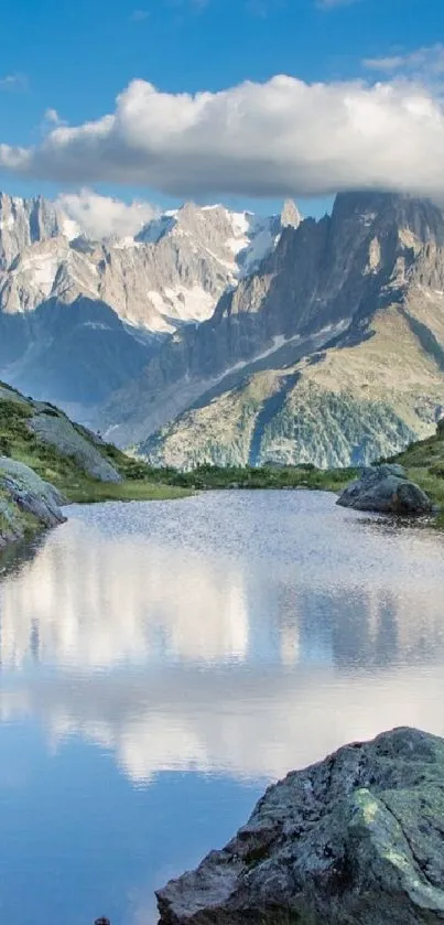 Scenic mountain lake with reflections and clear blue sky.