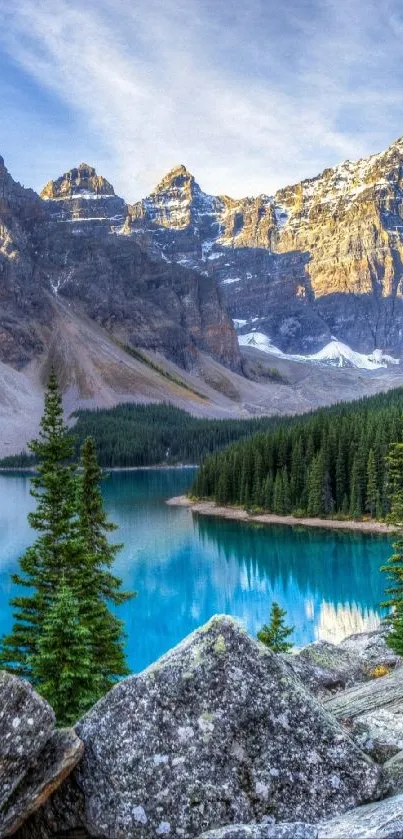 A scenic view of a mountain lake with blue water and trees.