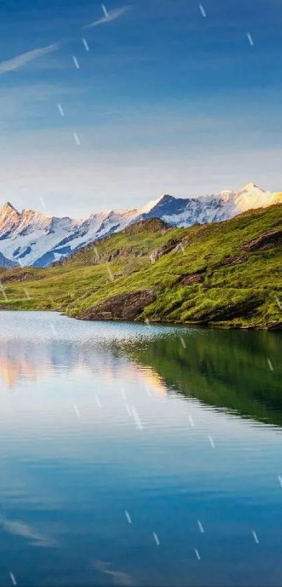 Serene mountain lake wallpaper with blue sky and reflections.