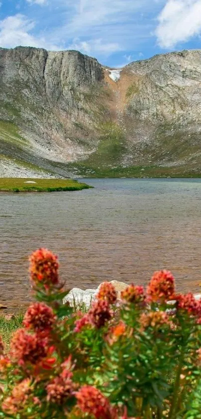 Mountain lake with colorful wildflowers foreground.