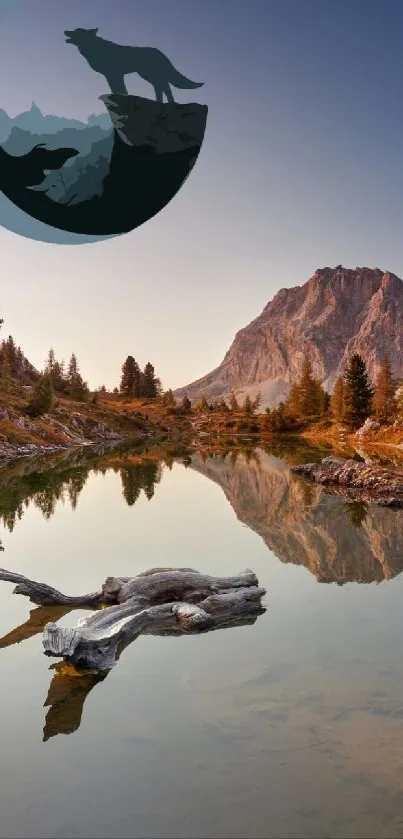 Tranquil mountain lake with a wolf silhouette art.