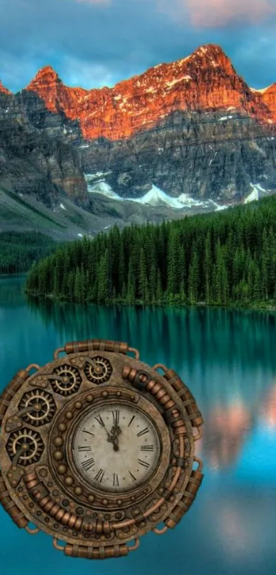 Steampunk clock over lake and mountain backdrop wallpaper.